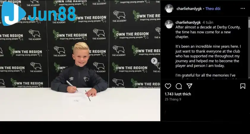 Charlie Hardy đăng bài chia tay Derby County (ảnh: Instagram).
